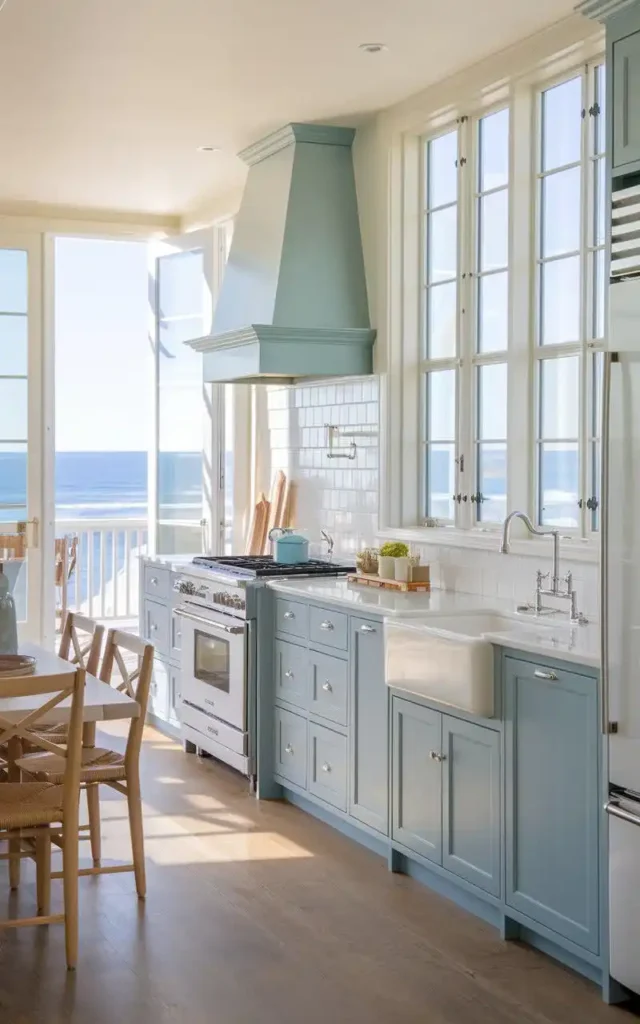 Coastal open kitchen with light blue cabinets, a farmhouse sink, and ocean views through large windows