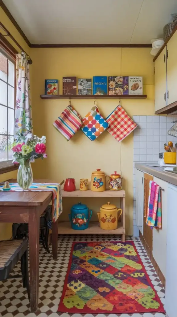 Small kitchen with vibrant decor, colorful textiles, and retro-style accessories