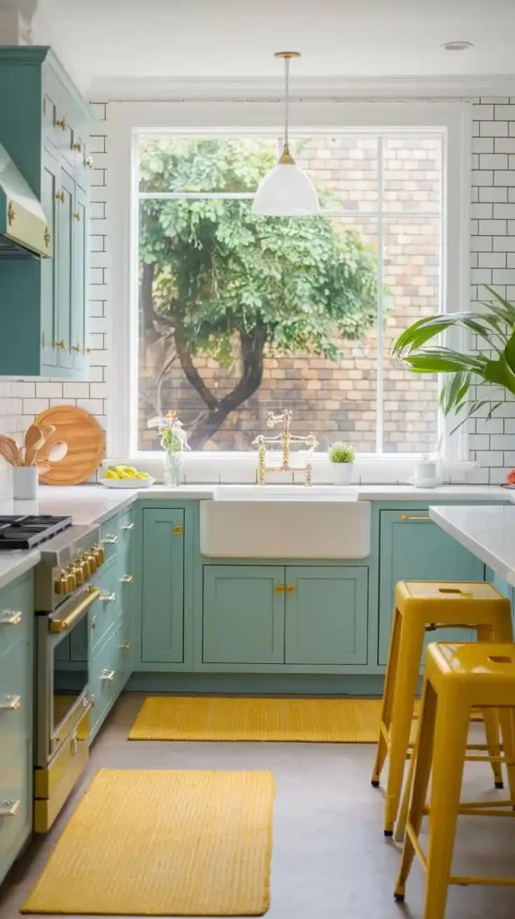 Bright and modern kitchen with teal cabinets, yellow stools, and a large window overlooking greenery