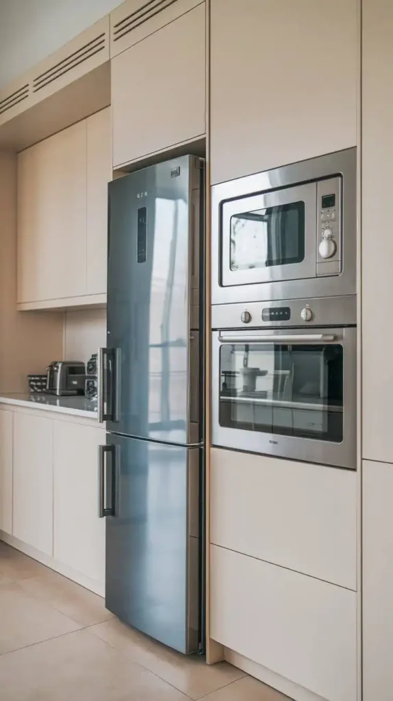 Modern small kitchen with built-in compact appliances, including a refrigerator, microwave, and oven