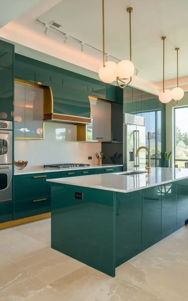 Contemporary open kitchen with glossy emerald cabinets, gold accents, and a sleek marble island