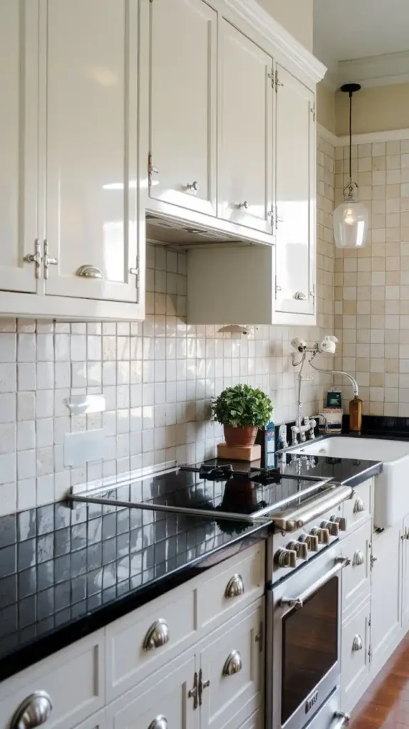 Galley kitchen with contrasting black granite countertops and light cabinetry