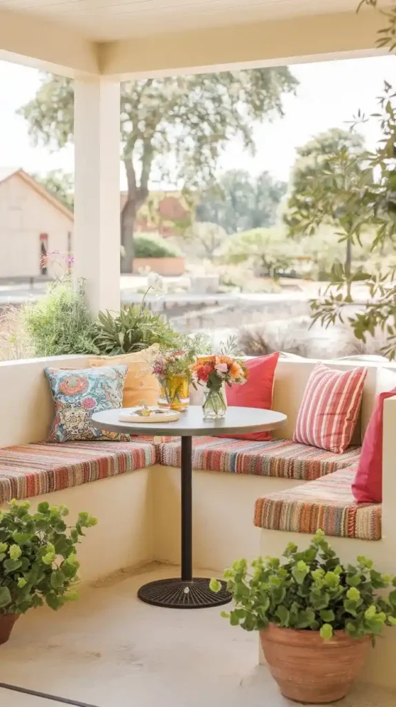 Cozy outdoor breakfast nook with colorful cushions, a round table, and vibrant greenery