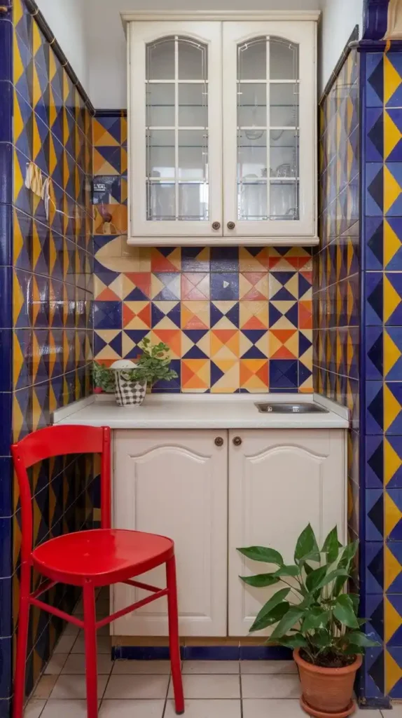 Compact kitchen with a colorful tile backsplash, glass-paneled cabinets, and vibrant decor