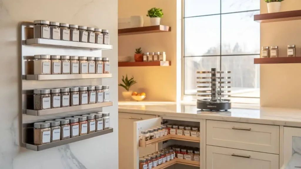 Modern kitchen with creative spice rack storage solutions