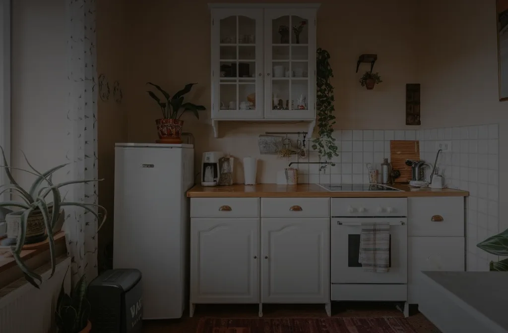 Charming small kitchen with a compact design, potted plants, and smart storage