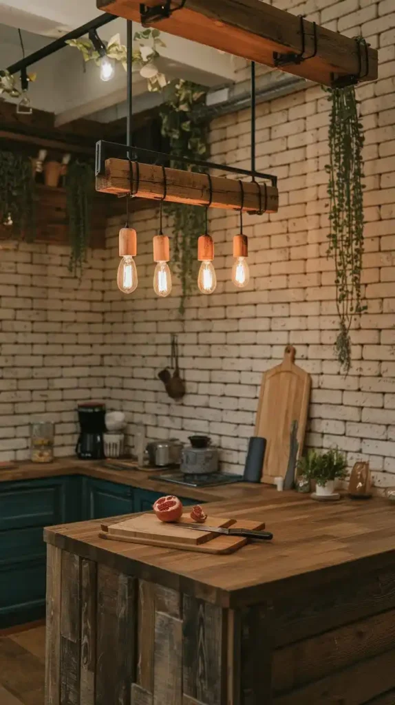 Small rustic kitchen with wooden decor, hanging Edison bulbs, and warm lighting