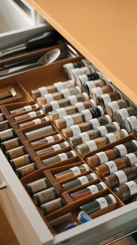 Organized drawer spice rack with labeled spice containers