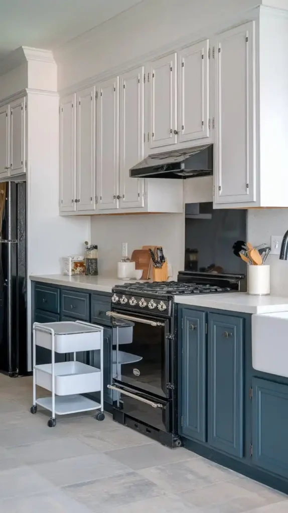 Modern kitchen with dual-tone cabinets in white and navy blue