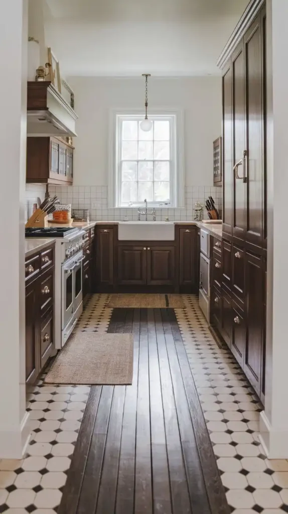 Galley kitchen with dual-tone flooring and rich wooden cabinetry