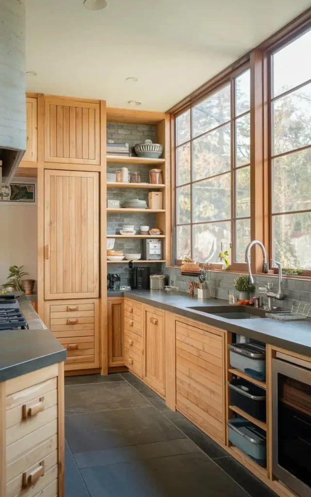 Eco-friendly open kitchen with natural wood cabinets, slate countertops, and large windows for natural light