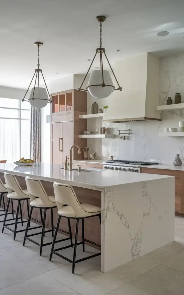 Elegant open kitchen with a large marble island, pendant lighting, and wooden cabinets