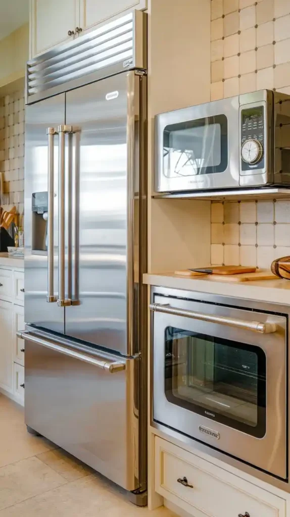 Modern kitchen with stainless steel fridge, microwave, and built-in oven, showcasing energy-efficient appliances