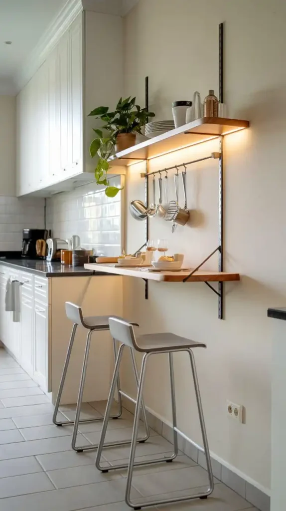 Galley kitchen with a floating breakfast shelf and modern stools