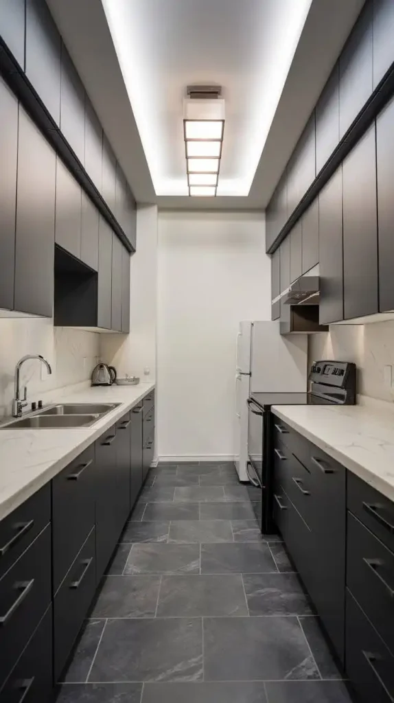 Galley kitchen with floating dark cabinets and marble countertops