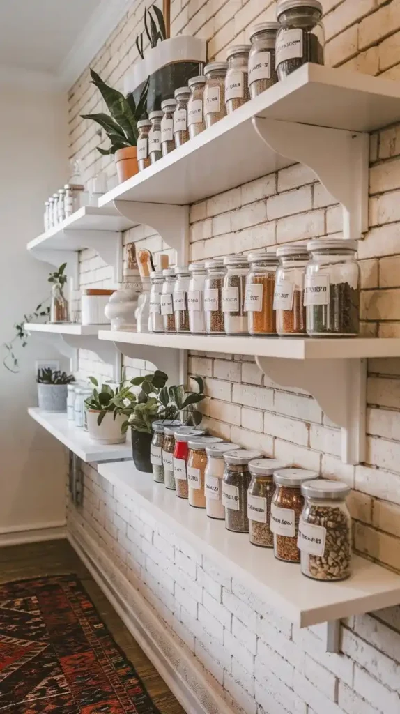 Floating shelf spice rack with labeled jars in a modern kitchen