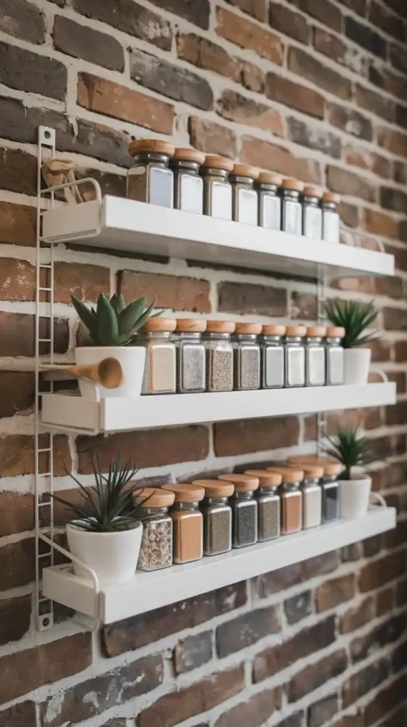 White floating shelves with spice jars and plants in kitchen