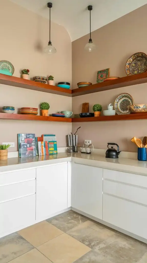 Modern kitchen with floating wooden shelves displaying colorful dishes and decor items