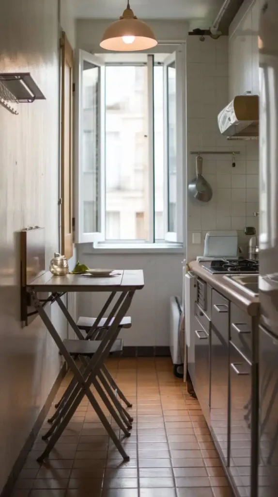 Galley kitchen with a foldable dining table and natural light