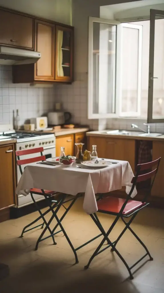 Small kitchen with a foldable dining table and chairs set near an open window