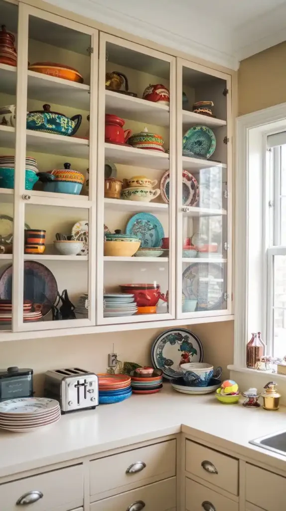 Small kitchen with glass cabinet doors displaying colorful dishware and ceramics