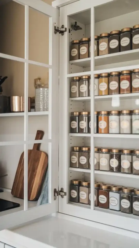 Glass door cabinet with organized spice jars in kitchen