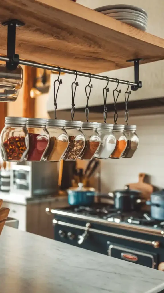 Hanging spice jars with wooden shelf in modern kitchen