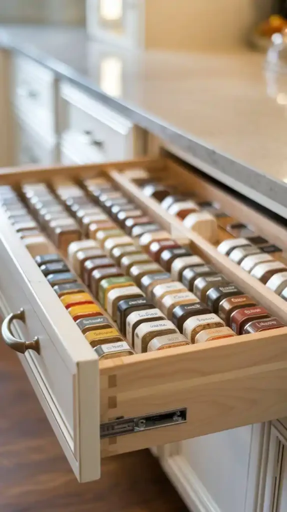 Hidden spice drawer neatly organized with spice jars