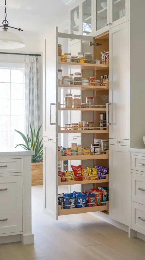 Pull-out pantry storage in a modern kitchen with neatly organized jars and snacks