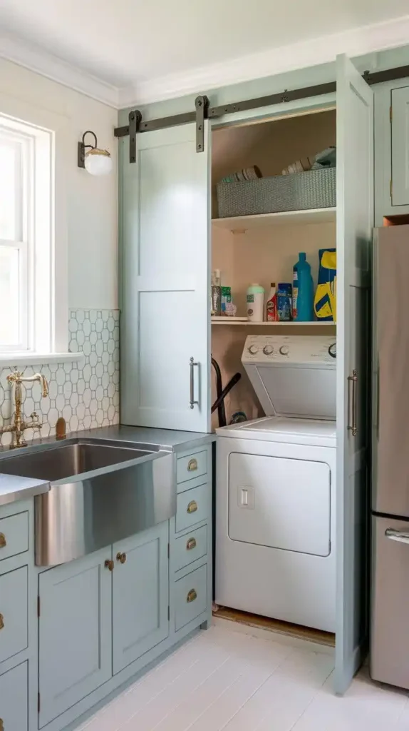 Galley kitchen with a hidden utility nook behind sliding doors