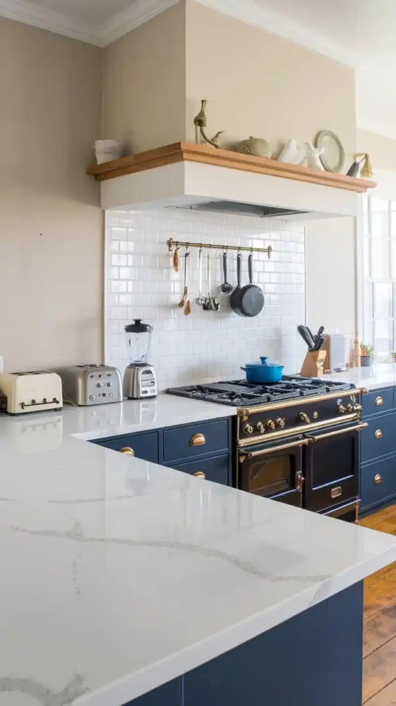 Modern kitchen with navy cabinets, brass accents, and marble countertops