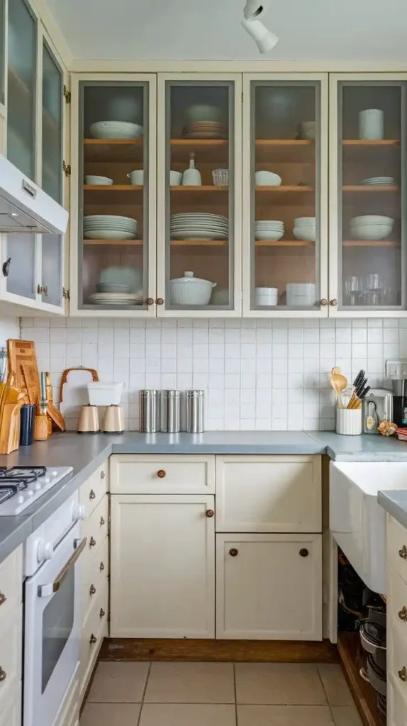 Galley kitchen with glass cabinet doors showcasing elegant dishware