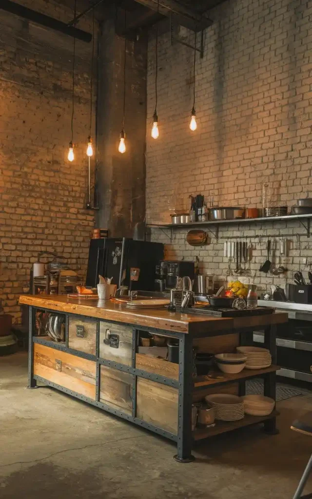 Industrial chic kitchen with exposed brick walls, rustic wooden island, and Edison bulb pendant lighting