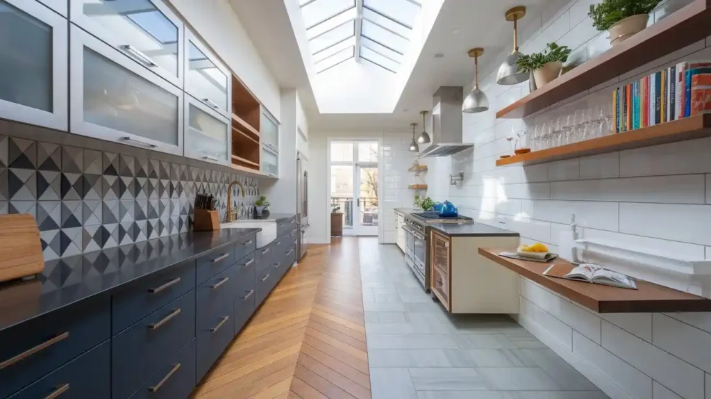 Modern galley kitchen with skylights, geometric tiles, and floating shelves