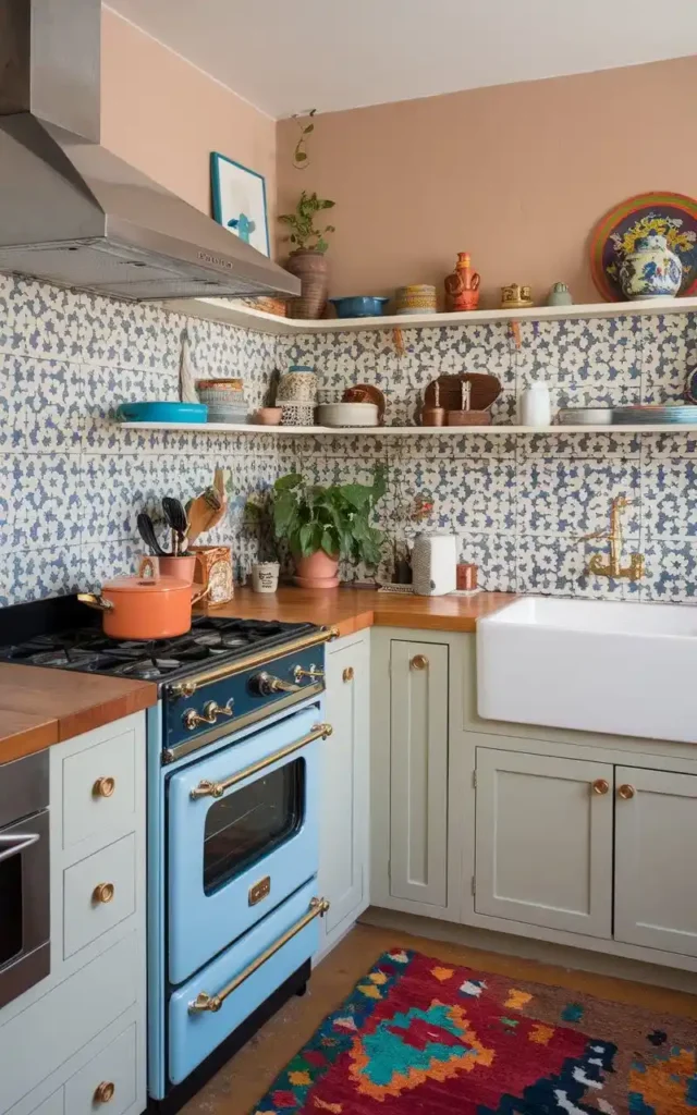 Inspiring eclectic open kitchen with patterned tiles, pastel cabinets, and a vintage blue stove