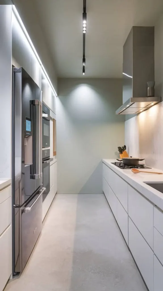 Modern galley kitchen with smart appliances and sleek design