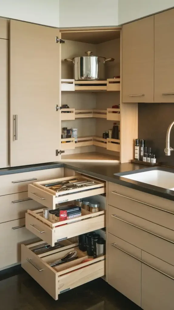 Contemporary kitchen island with organized pull-out drawers and cabinets