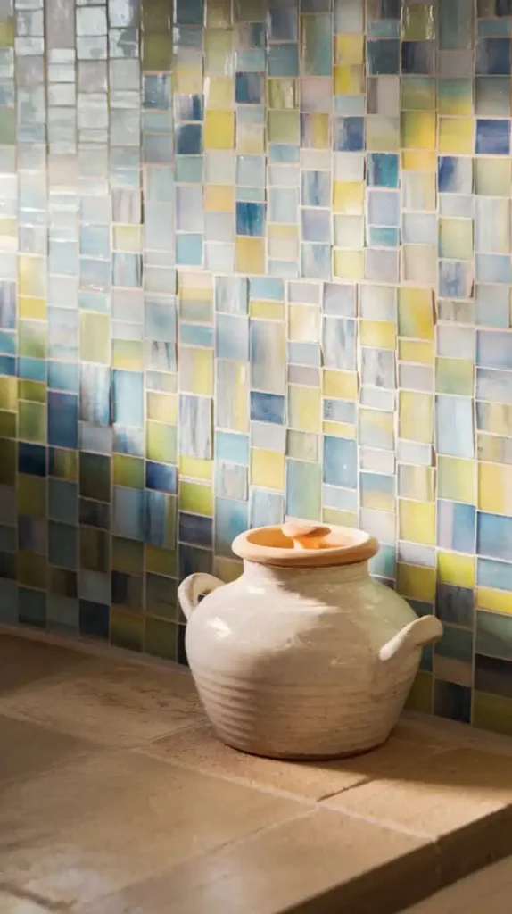 Colorful mosaic tile backsplash in a modern kitchen