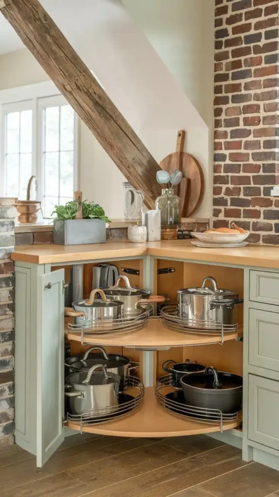 Kitchen corner with Lazy Susans for efficient pot and pan storage