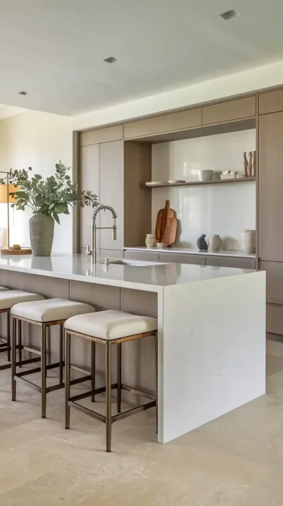 Minimalist kitchen with a modern island, sleek countertops, and elegant bar stools