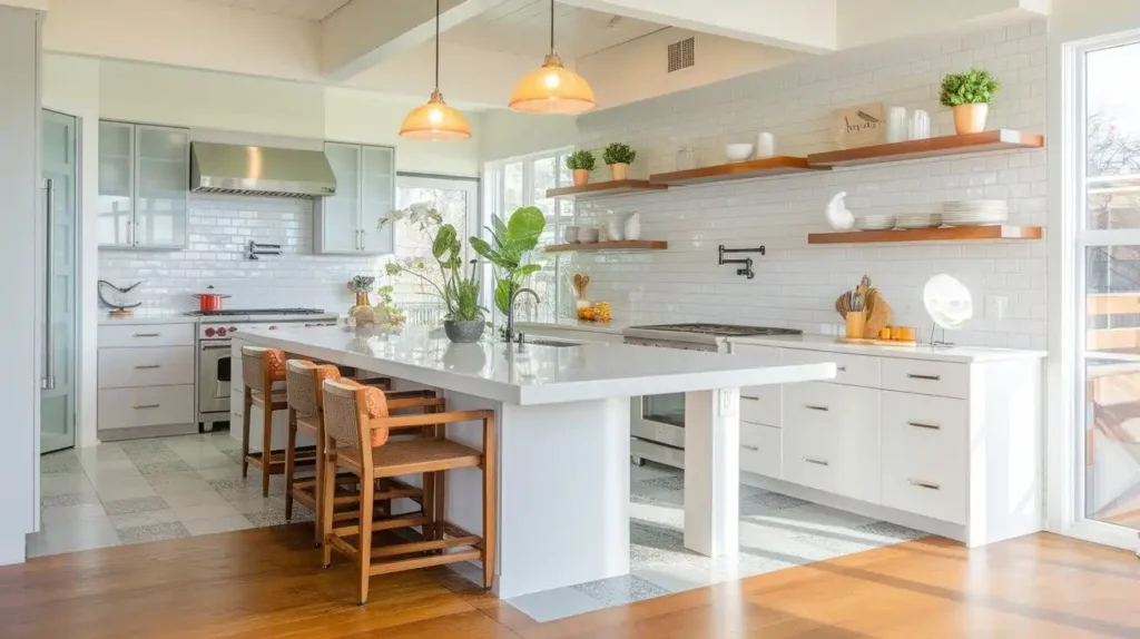 Bright and spacious kitchen remodeling design idea with a large island, wooden stools, and open shelving