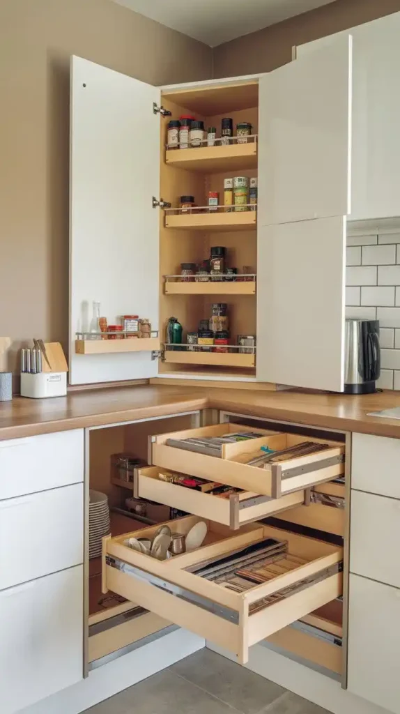 Modern kitchen with smart storage solutions and organized cabinets