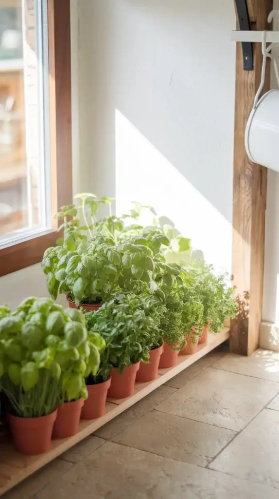 Indoor herb garden in a sunny kitchen corner with fresh basil and thyme