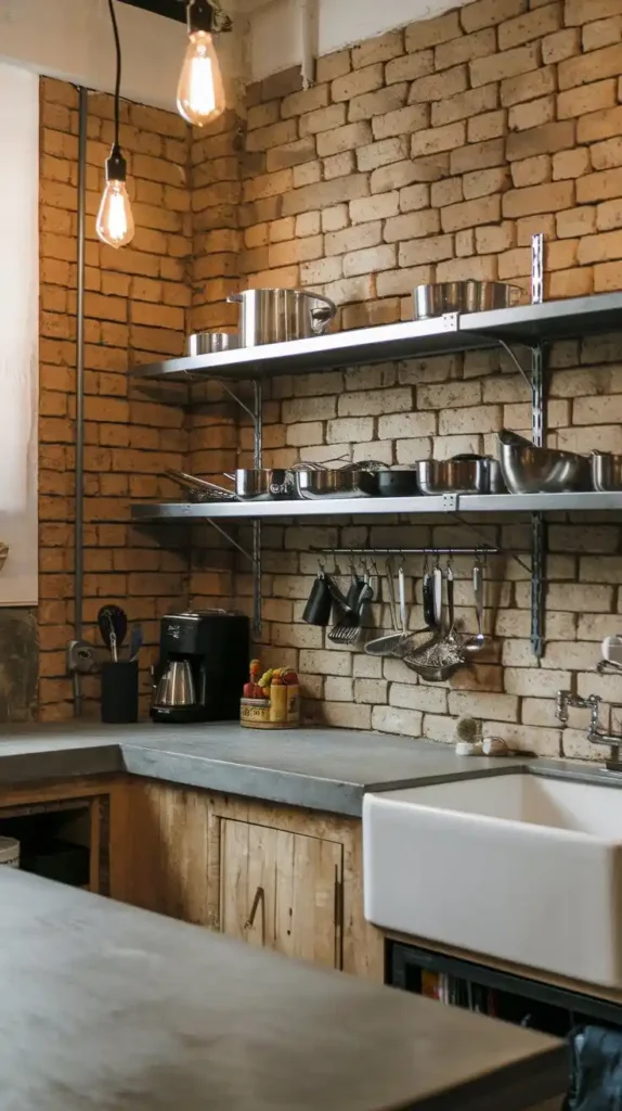 Industrial-style kitchen with exposed brick walls and open shelving