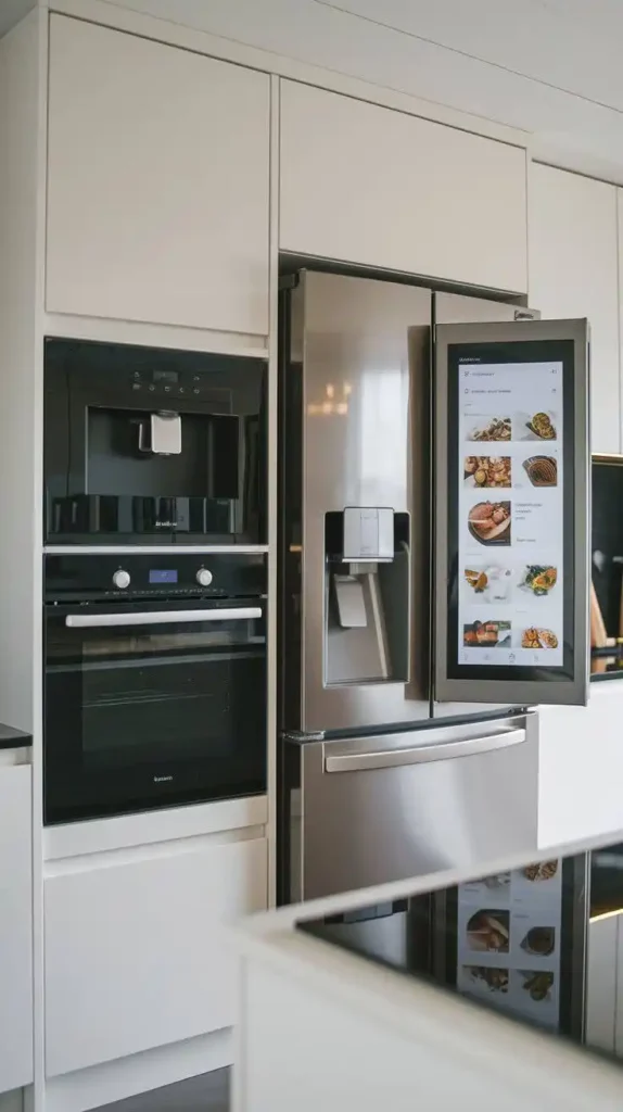 Modern kitchen with smart appliances including a touch-screen refrigerator