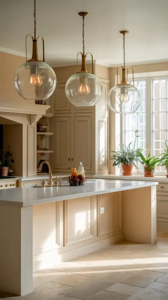 Modern farmhouse kitchen with globe pendant lights and natural decor