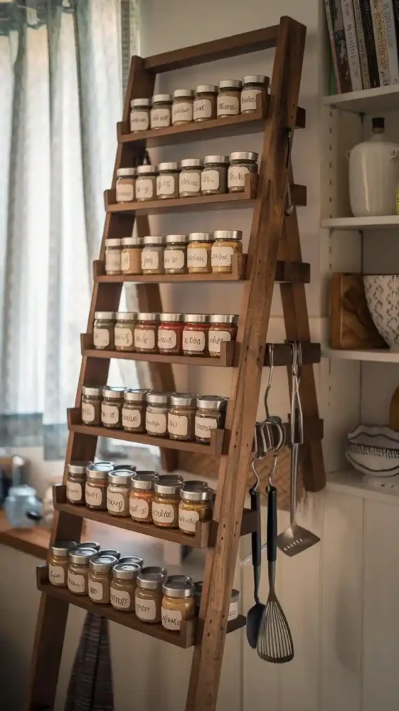 Wooden ladder spice rack displaying spice jars in kitchen