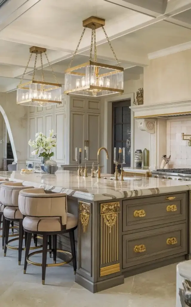 Luxurious open kitchen with marble island, ornate gold accents, and elegant pendant lighting