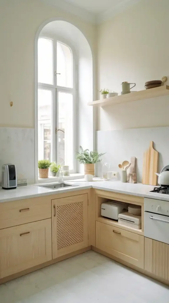 Small kitchen with a light color palette, natural wood cabinets, and white marble countertops