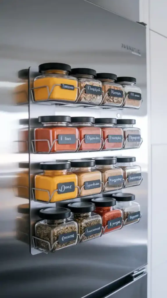 Magnetic spice rack on a fridge for organized kitchen storage